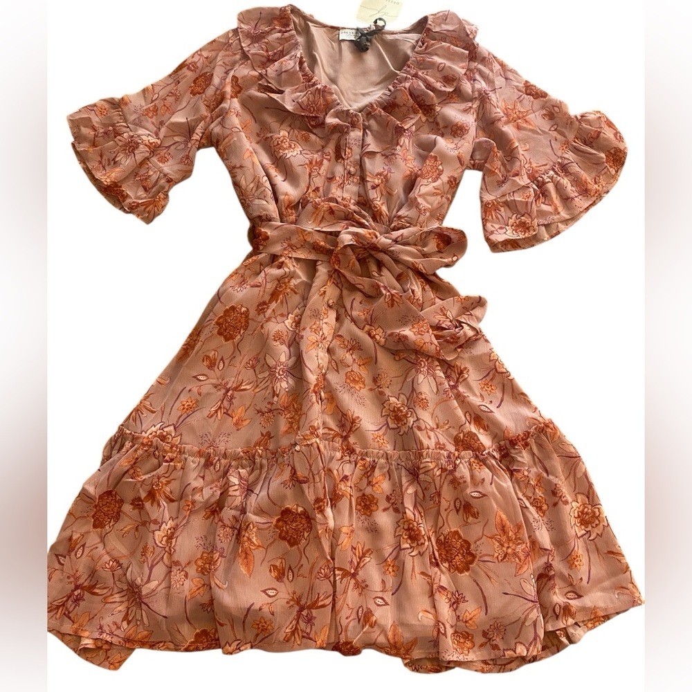 Anthropologie Women’s Floral Ruffle Waist Tie Midi Dress New size S  pinks orang